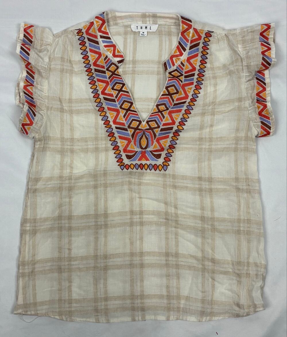 THML Embroidered Plaid Flutter Sleeve Blouse Cream Orange Boho Top Medium
